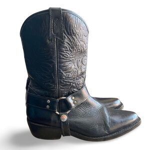 Camping Black Embossed Leather Harness Boots Patina Hardware Size 9.5